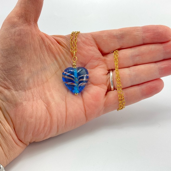 Blue Lamp Work Heart Pendant Necklace, Artisan Lamp Work Heart, Murano Italy - Picture 3 of 10